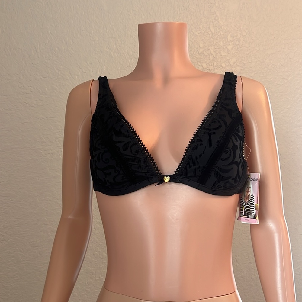 Betsey Johnson Swim BEACH Floral BLACK Bikini Top Size MEDIUM Rosette NWT #67